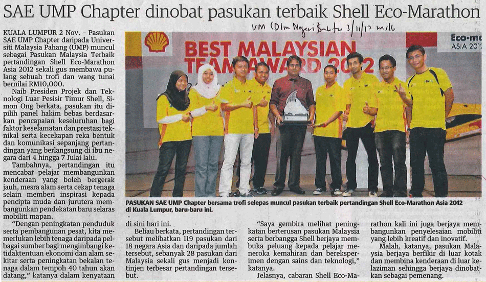 SAE UMP Chapter Dinobat Pasukan Terbaik Shell Eco Maraton