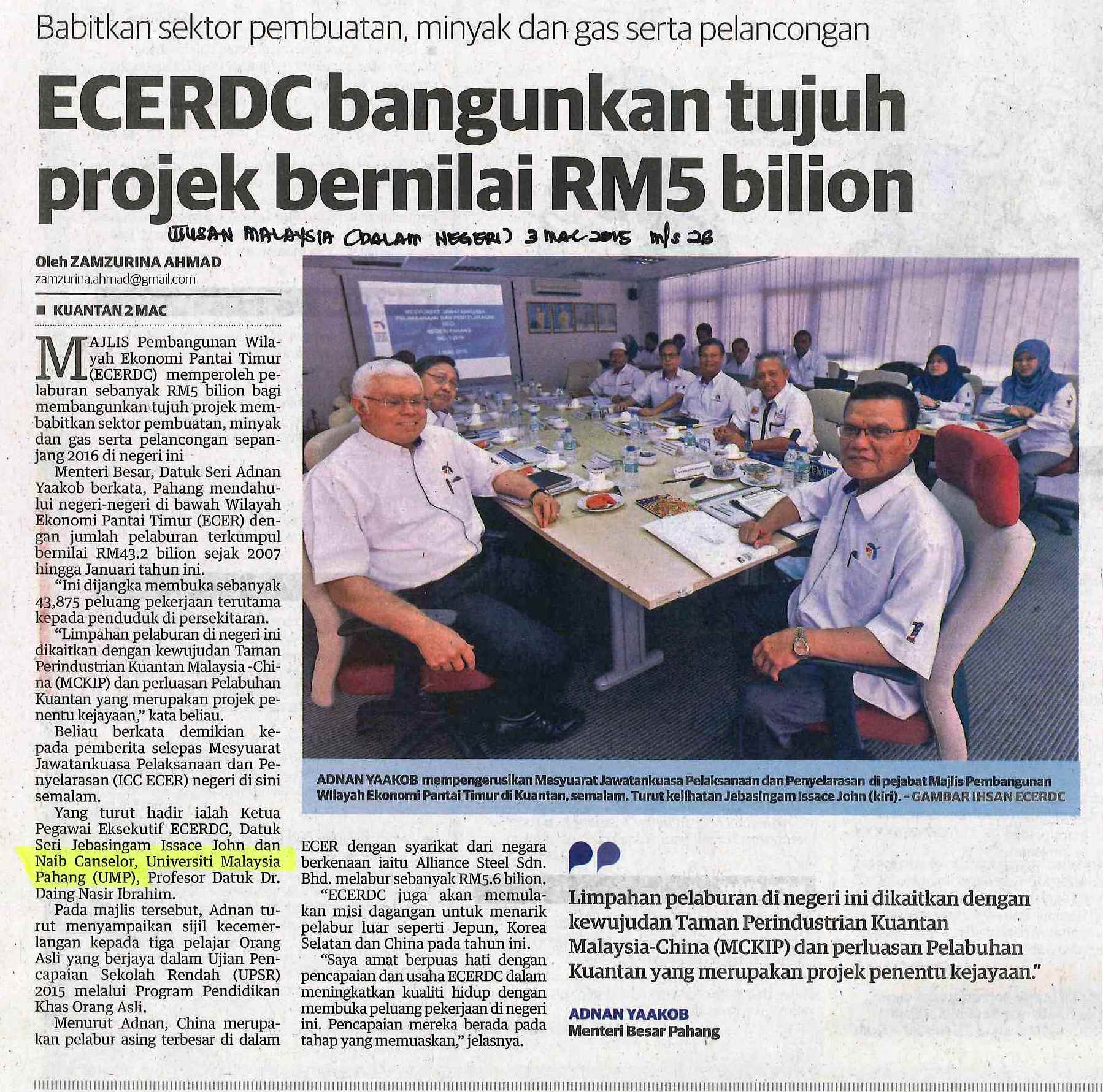 ECERDC bangunkan tujuk projek bernilai RM5 bilion