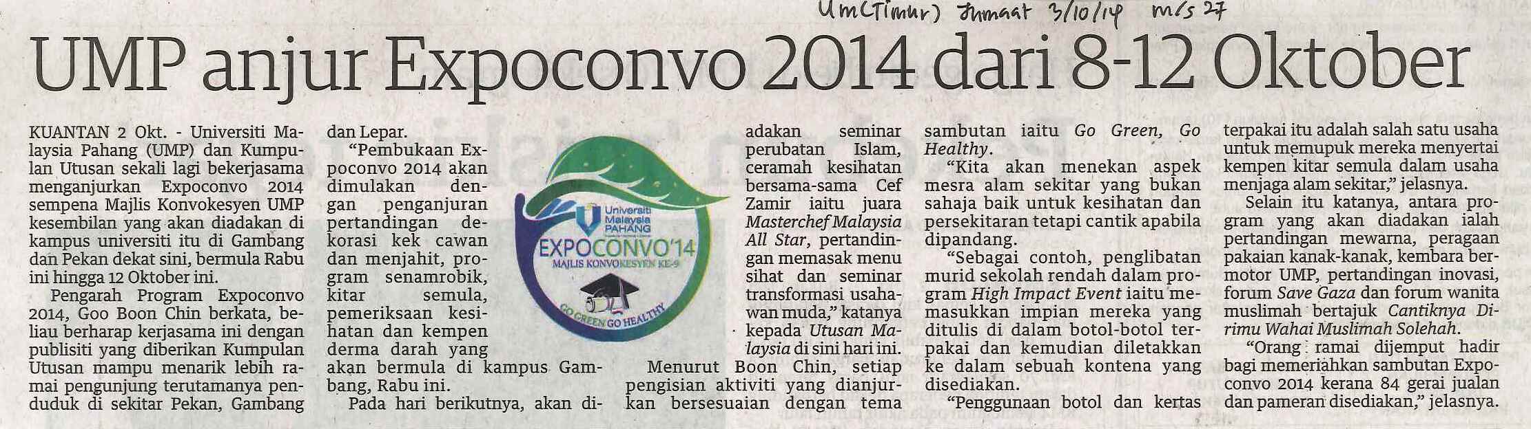 UMP anjur Expoconvo 2014 dari 8-12 Oktober