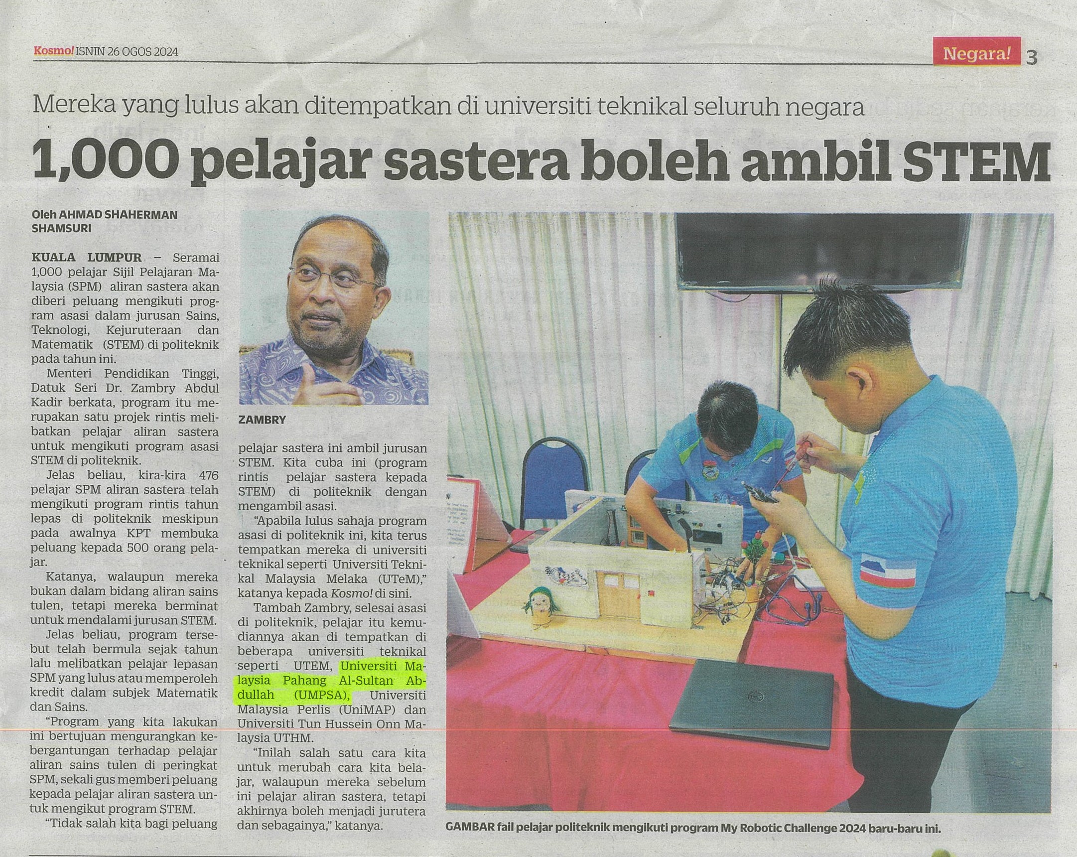 1,000 pelajar sastera boleh ambil STEM