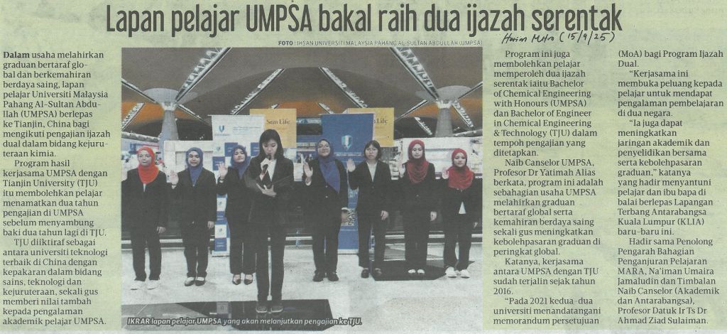 Lapan pelajar UMPSA bakal raih dua ijazah serentak