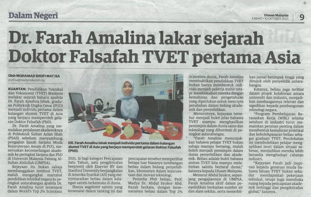 Dr. Farah Amalina lakar sejarah Doktor Falsafah TVET pertama Asia