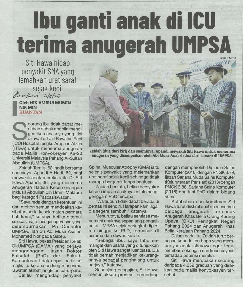 Ibu ganti anak di ICU terima anugerah UMPSA