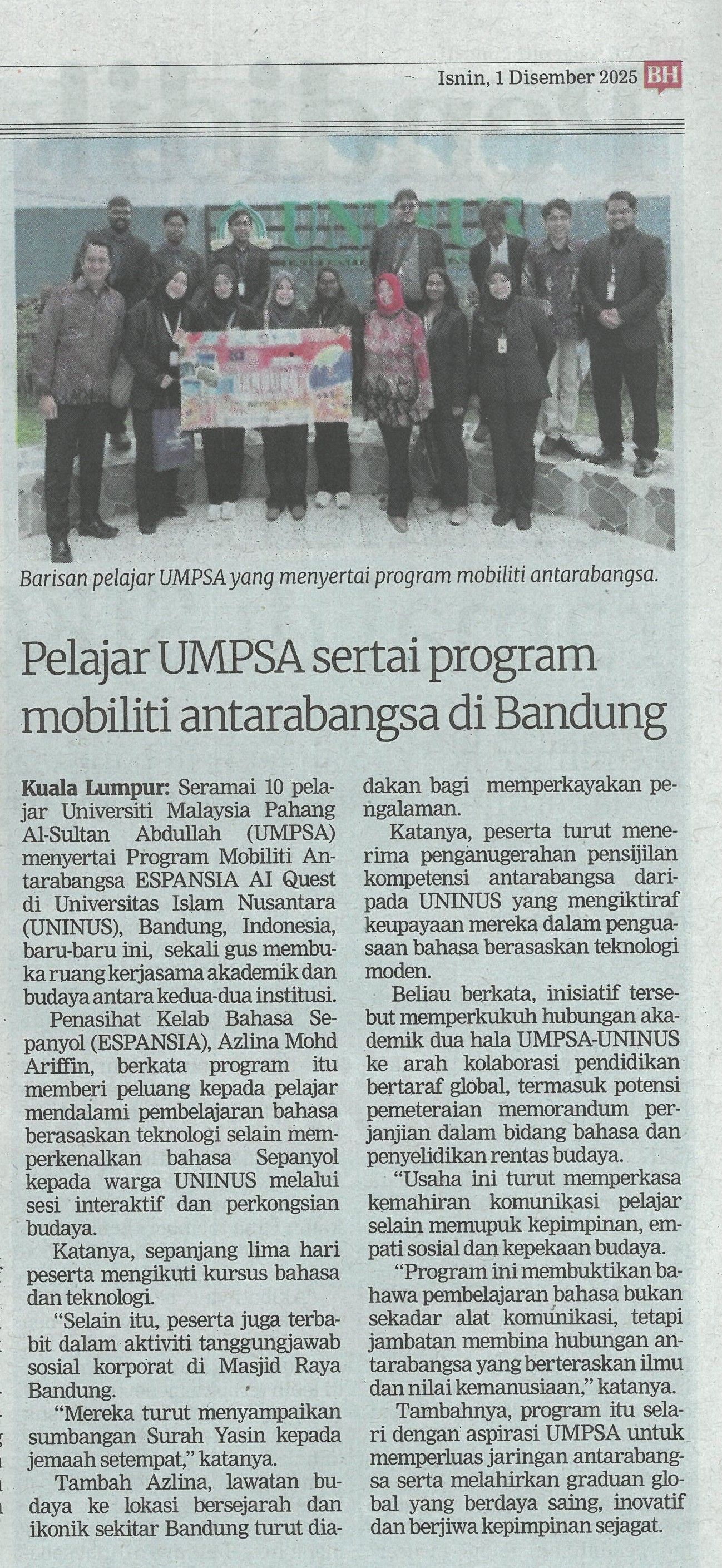 Pelajar UMPSA sertai program mobiliti antarabangsa di Bandung