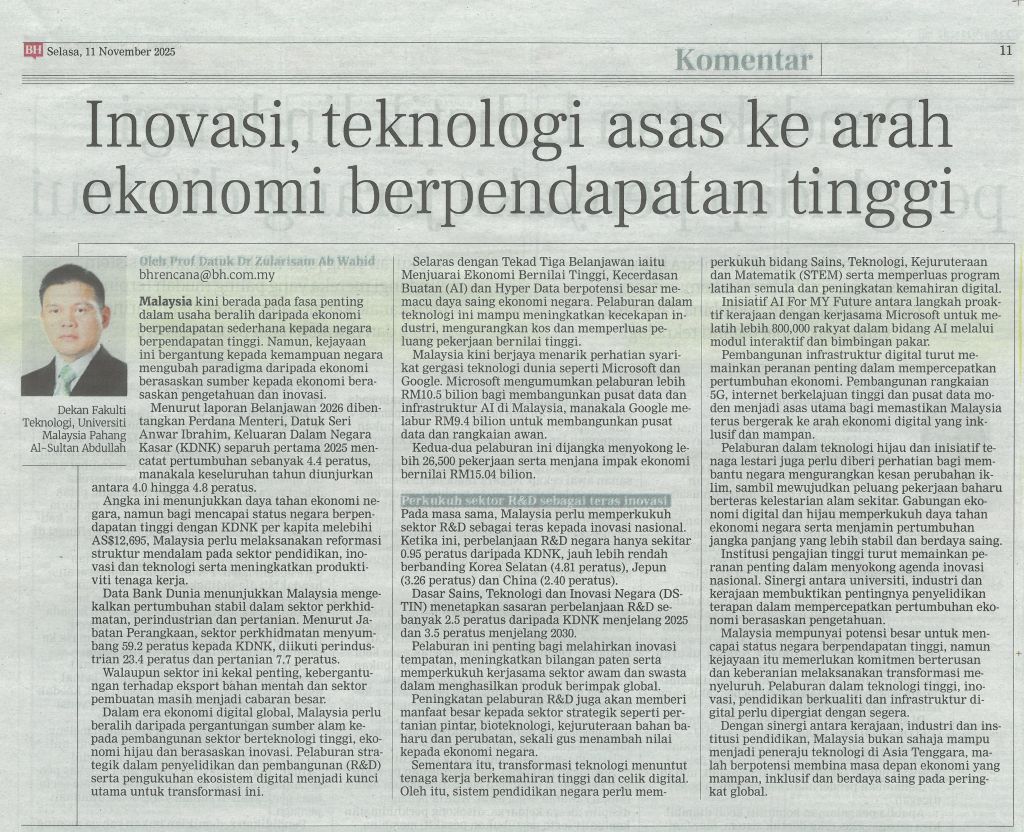 Inovasi, teknologi asas ke arah ekonomi berpendapatan tinggi