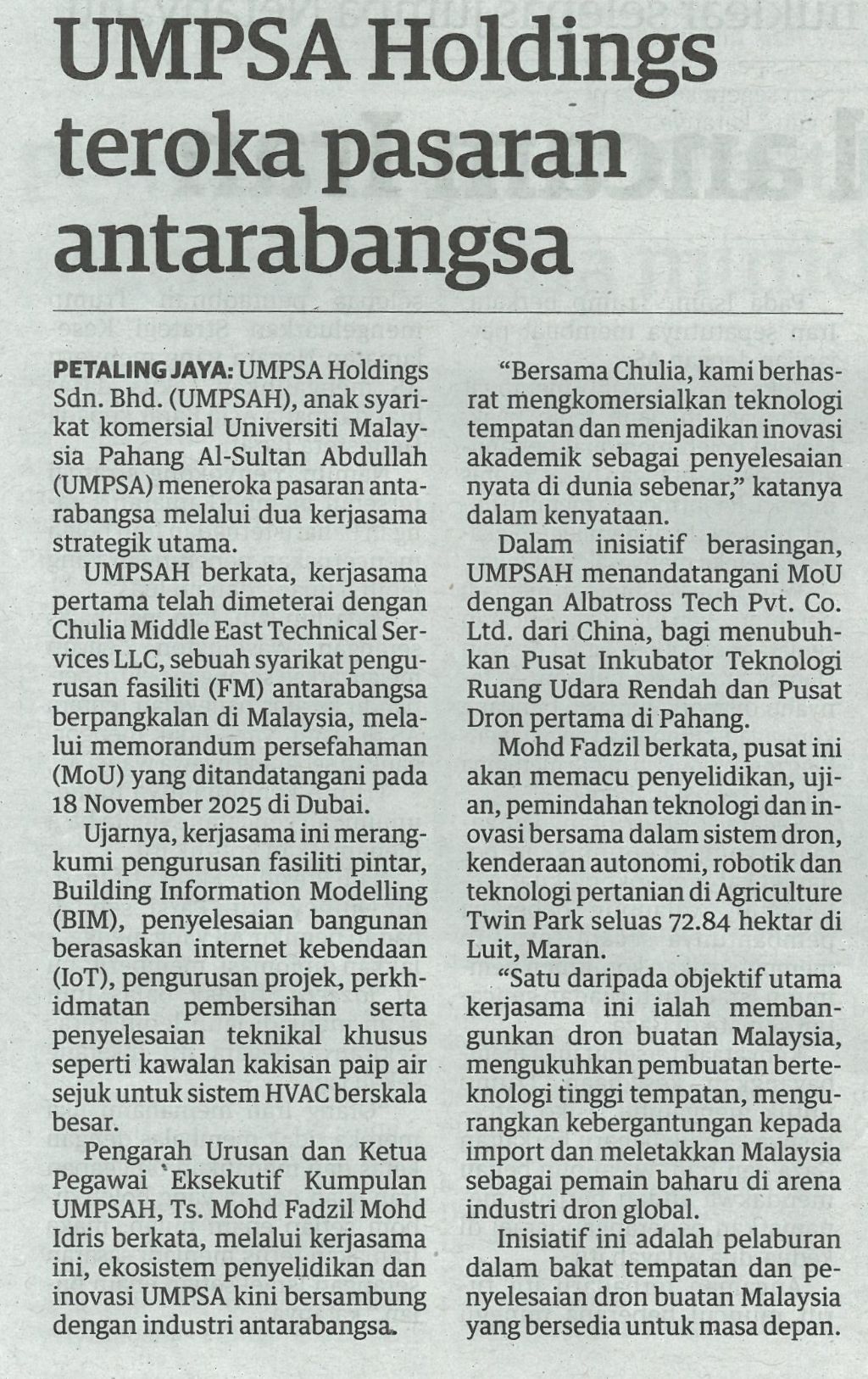 UMPSA Holdings teroka pasaran antarabangsa