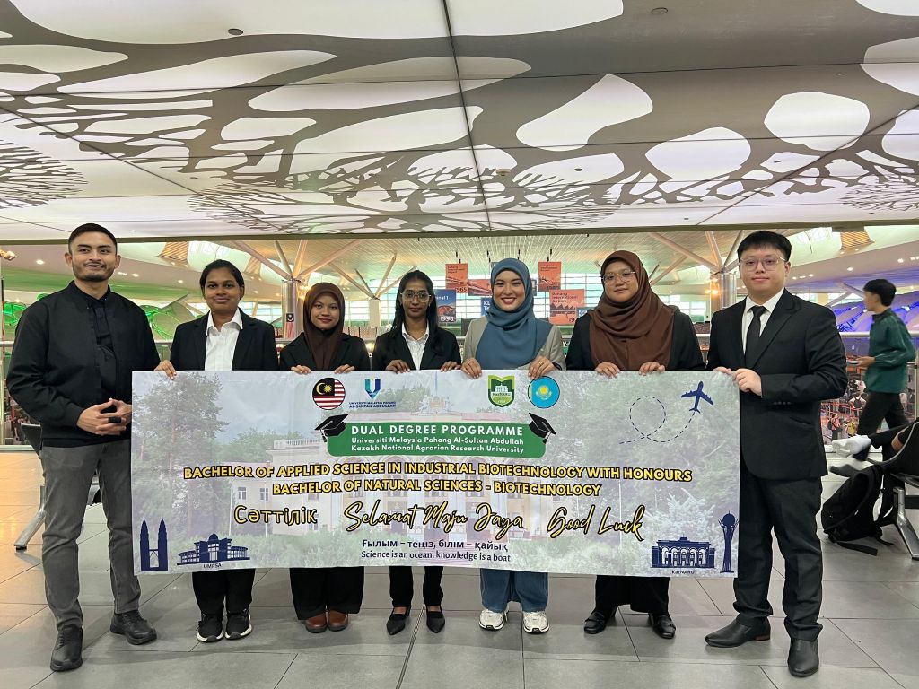 Universiti Malaysia Pahang Al-Sultan Abdullah (UMPSA) has sent 12 students to Kazakhstan to continue their studies under its Dual Degree Programme with Kazakh National Agrarian Research University (KazNARU).  The students, who are pursuing the Bachelor of Applied Science in Industrial Biotechnology with Honours, will spend one academic year at KazNARU as part of the programme.  A send-off ceremony was held on 22 September 2026 and attended by Deputy Vice-Chancellor (Academic and International), Professor Ts