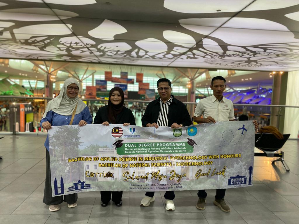 Universiti Malaysia Pahang Al-Sultan Abdullah (UMPSA) has sent 12 students to Kazakhstan to continue their studies under its Dual Degree Programme with Kazakh National Agrarian Research University (KazNARU).  The students, who are pursuing the Bachelor of Applied Science in Industrial Biotechnology with Honours, will spend one academic year at KazNARU as part of the programme.  A send-off ceremony was held on 22 September 2026 and attended by Deputy Vice-Chancellor (Academic and International), Professor Ts