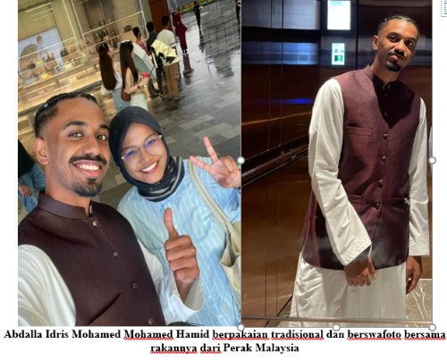 Abdalla Idris Mohamed Mohamed Hamid berpakaian tradisional dan berswafoto bersama rakannya dari Perak Malaysia