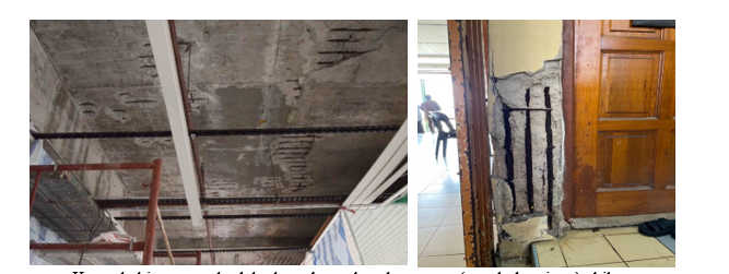 Kesan kakisan yang berlaku kepada struktur bangunan (papak dan tiang) akibat pengkarbonatan konkrit.