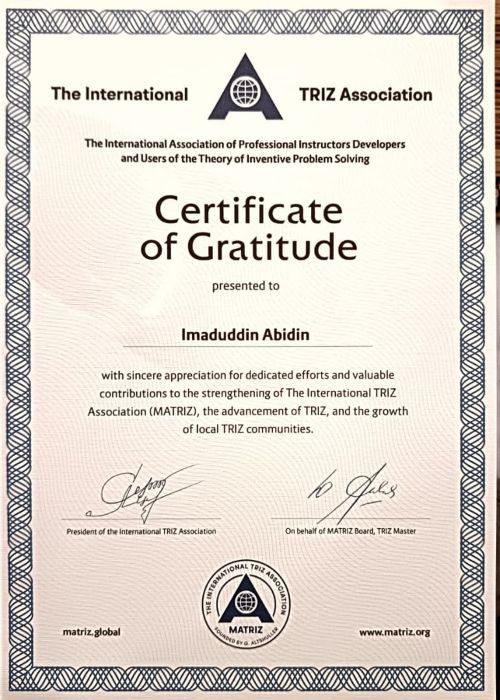 Major Dr. Haji Imaduddin recognised internationally in efforts to strengthen TRIZ