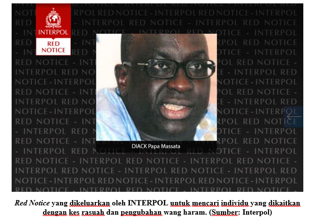 Red Notice yang dikeluarkan oleh INTERPOL untuk mencari individu yang dikaitkan dengan kes rasuah dan pengubahan wang haram. (Sumber: Interpol)