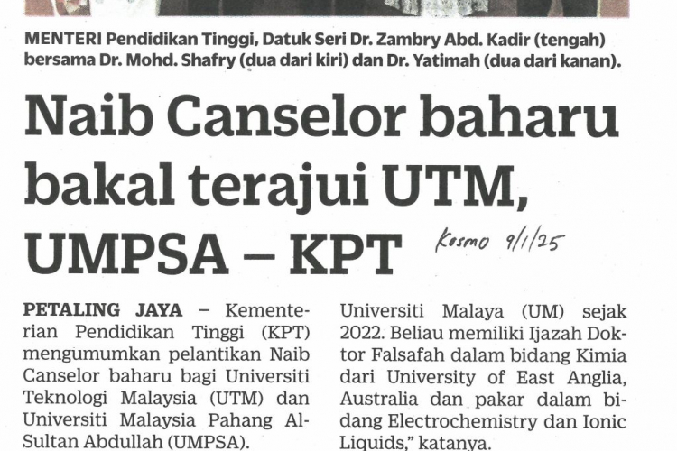 Naib Canselor baharu bakal terajui UTM, UMPSA-KPT