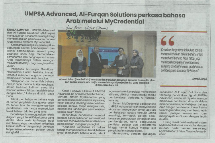 UMPSA Advanced, Al-Furqan Solutions perkasa bahasa Arab melalui MyCredential