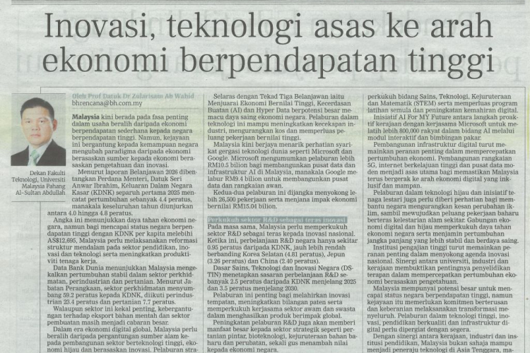 Inovasi, teknologi asas ke arah ekonomi berpendapatan tinggi