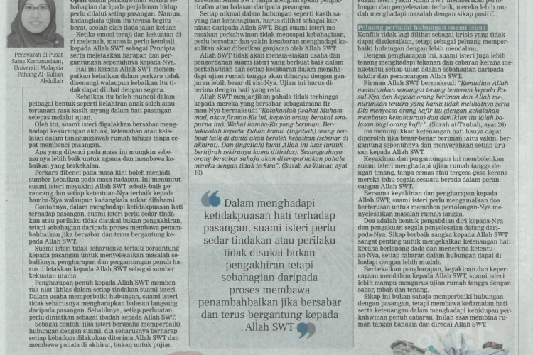 Sabar tunjang kelangsungan kebahagiaan dalam perkahwinan