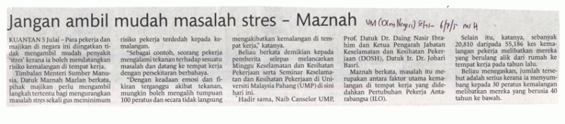 Jangan Ambil Mudah Masalah Stres-Maznah