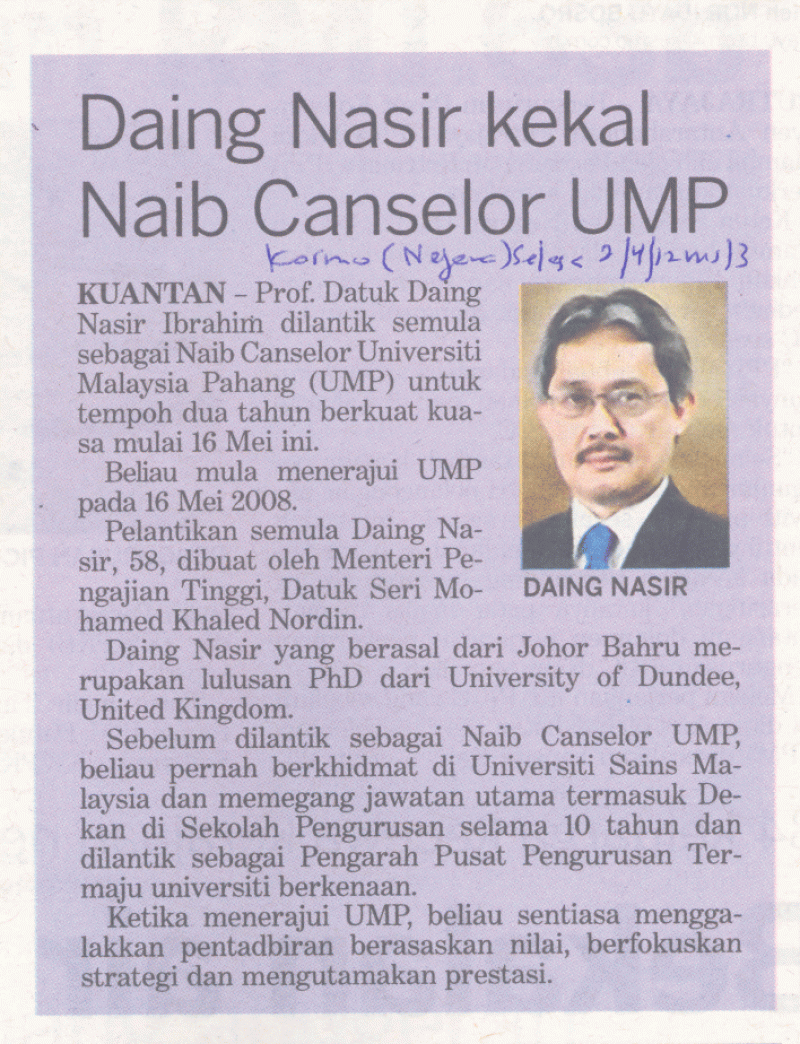 Daing Nasir Kekal Naib Canselor UMP