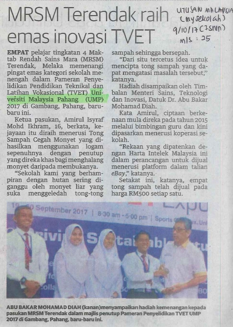 MRSM Terendak raih emas inovasi TVET