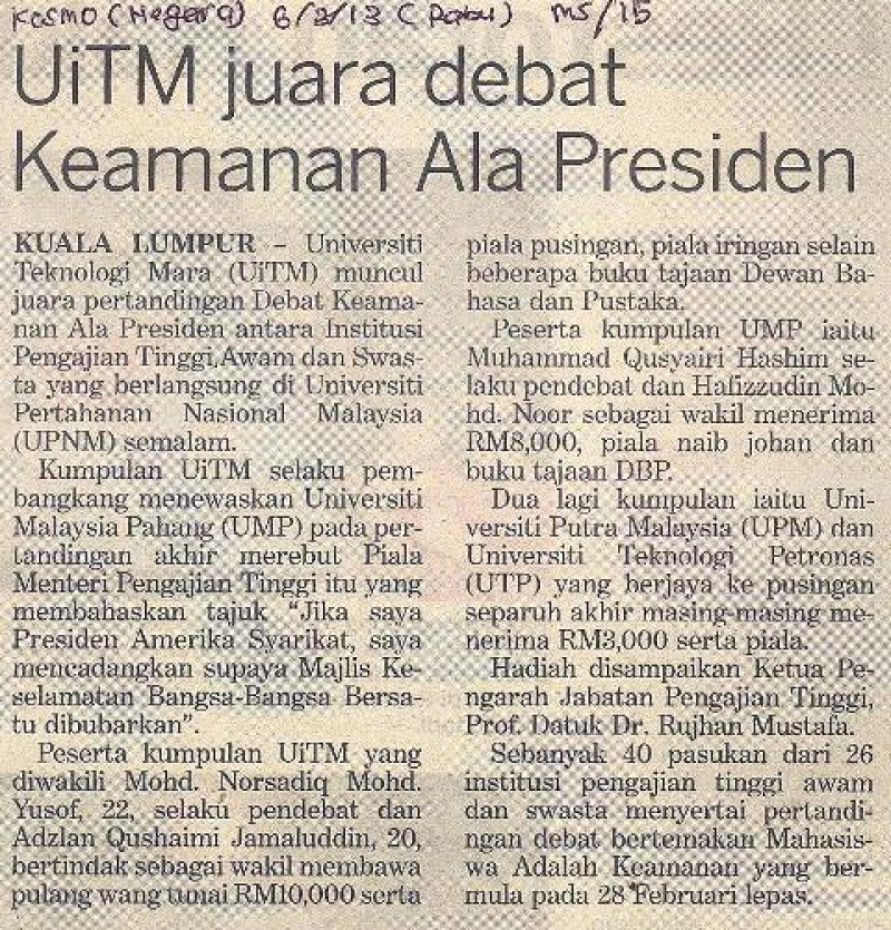 Uitm Juara Debat Keamanan Ala Presiden