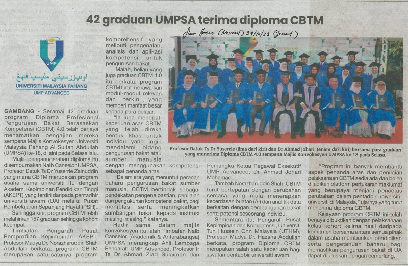 42 graduan UMPSA terima diploma CBTM