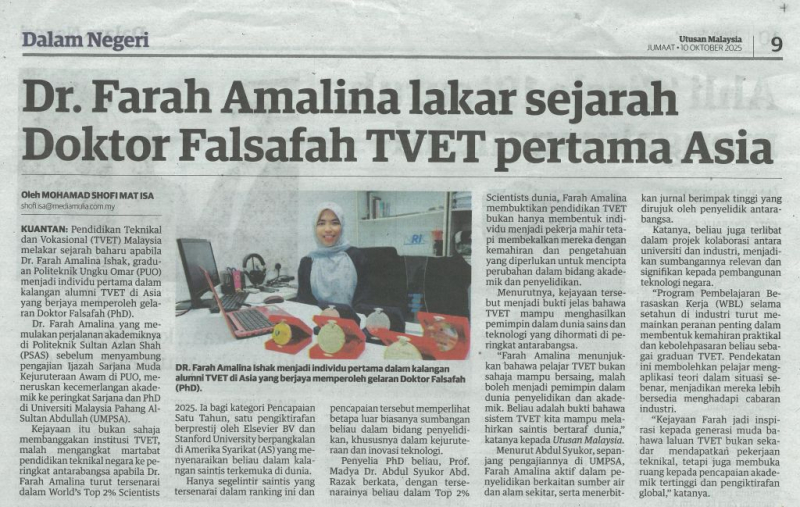 Dr. Farah Amalina lakar sejarah Doktor Falsafah TVET pertama Asia