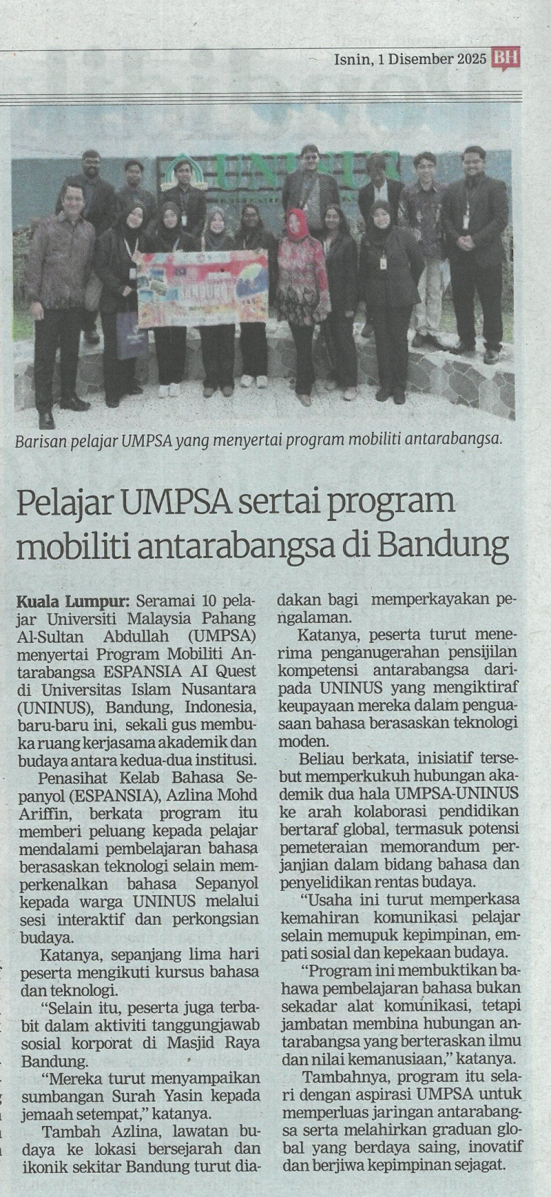 Pelajar UMPSA sertai program mobiliti antarabangsa di Bandung