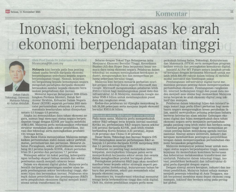 Inovasi, teknologi asas ke arah ekonomi berpendapatan tinggi